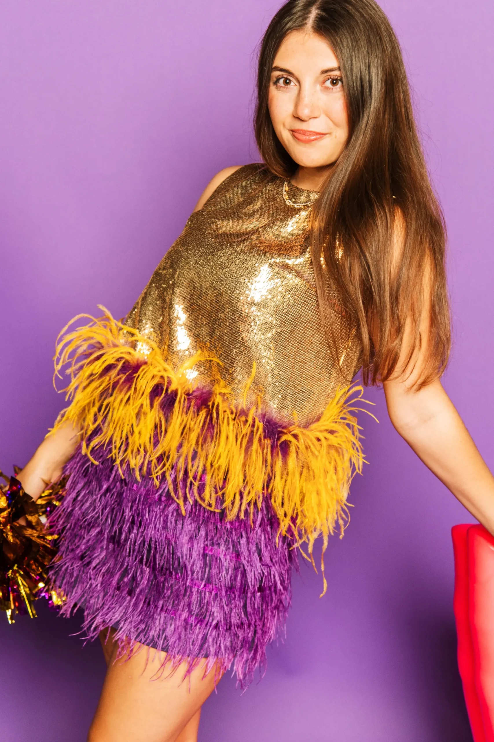 Outlet Queen Of Sparkles Gold Sequin Purple/Gold Feather Tank