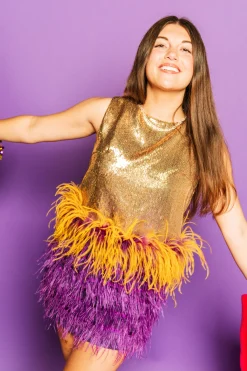 Outlet Queen Of Sparkles Gold Sequin Purple/Gold Feather Tank