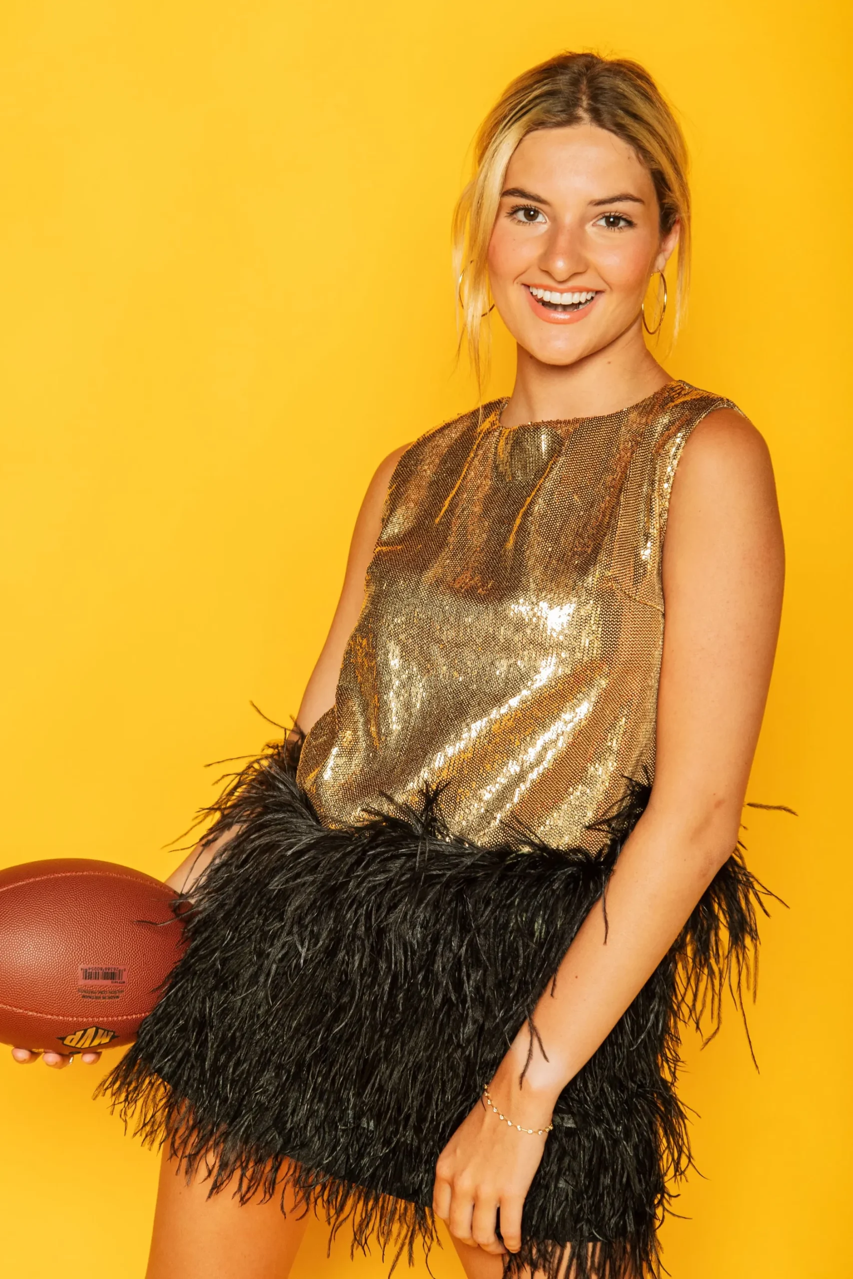 Cheap Queen Of Sparkles Gold Sequin Tank With Black Feathers