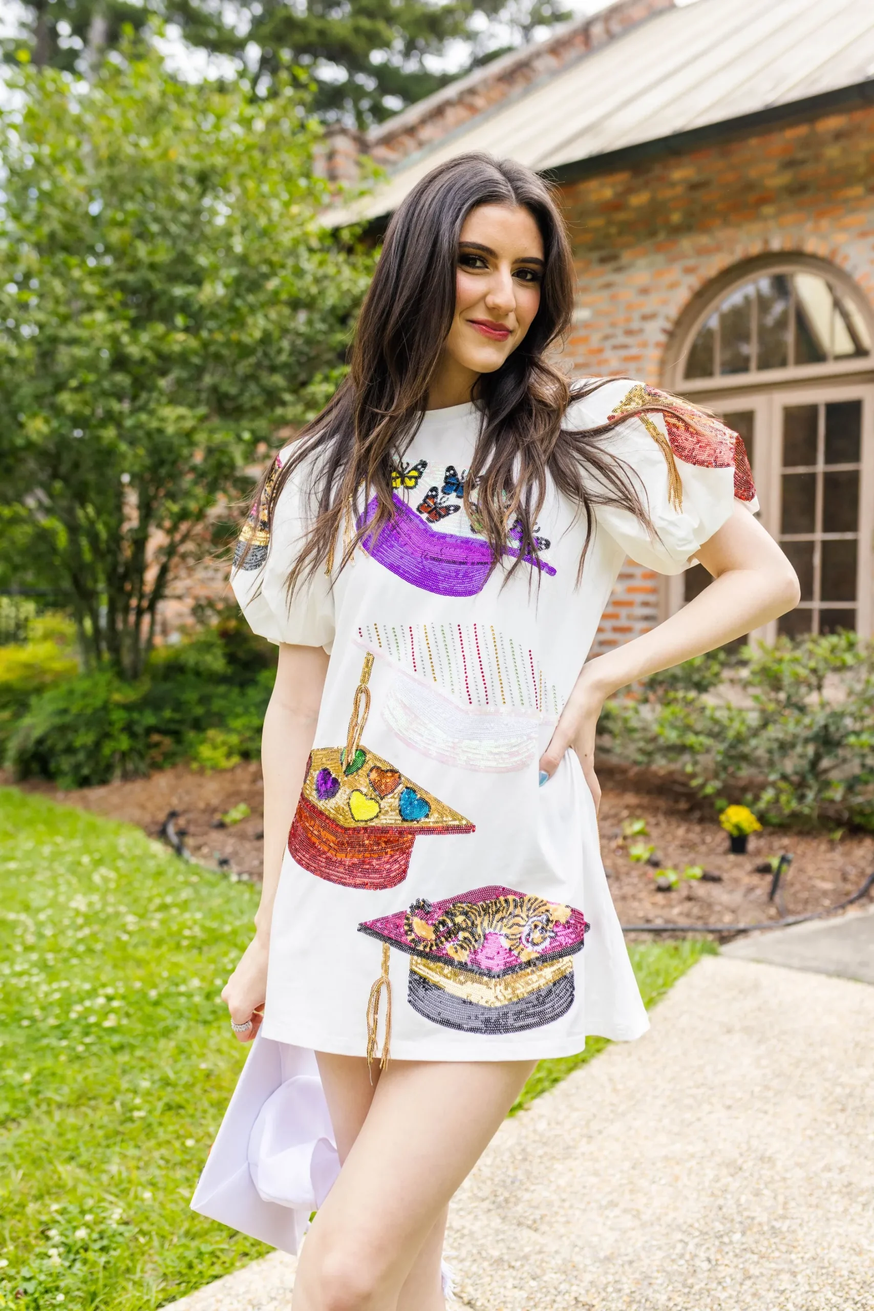 Shop Queen Of Sparkles Graduation Hat Poof Sleeve Dress White