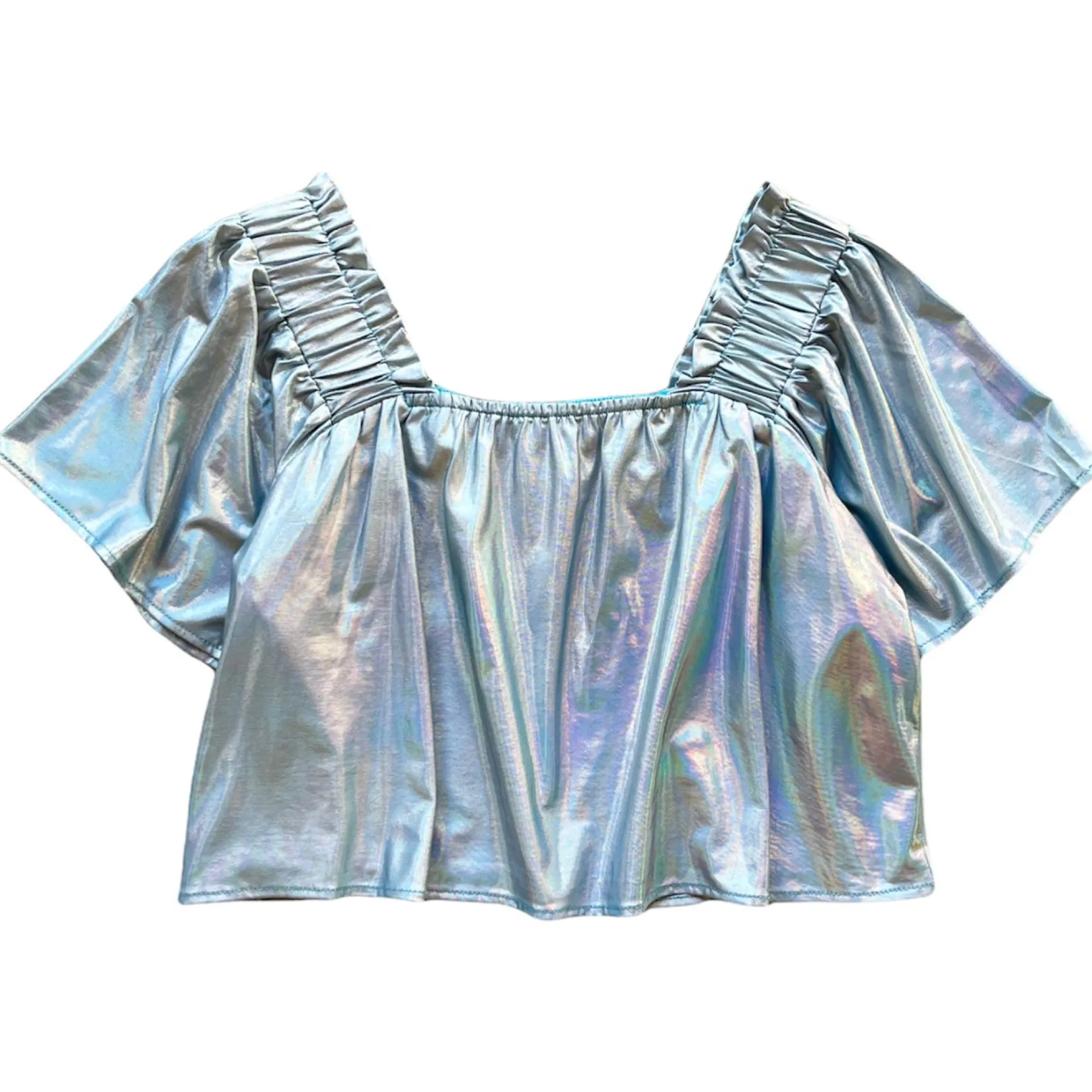 Discount Queen Of Sparkles Graphic Flutter Top Blue Holo