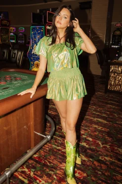 Clearance Queen Of Sparkles Graphic Swing Short Lime Holo
