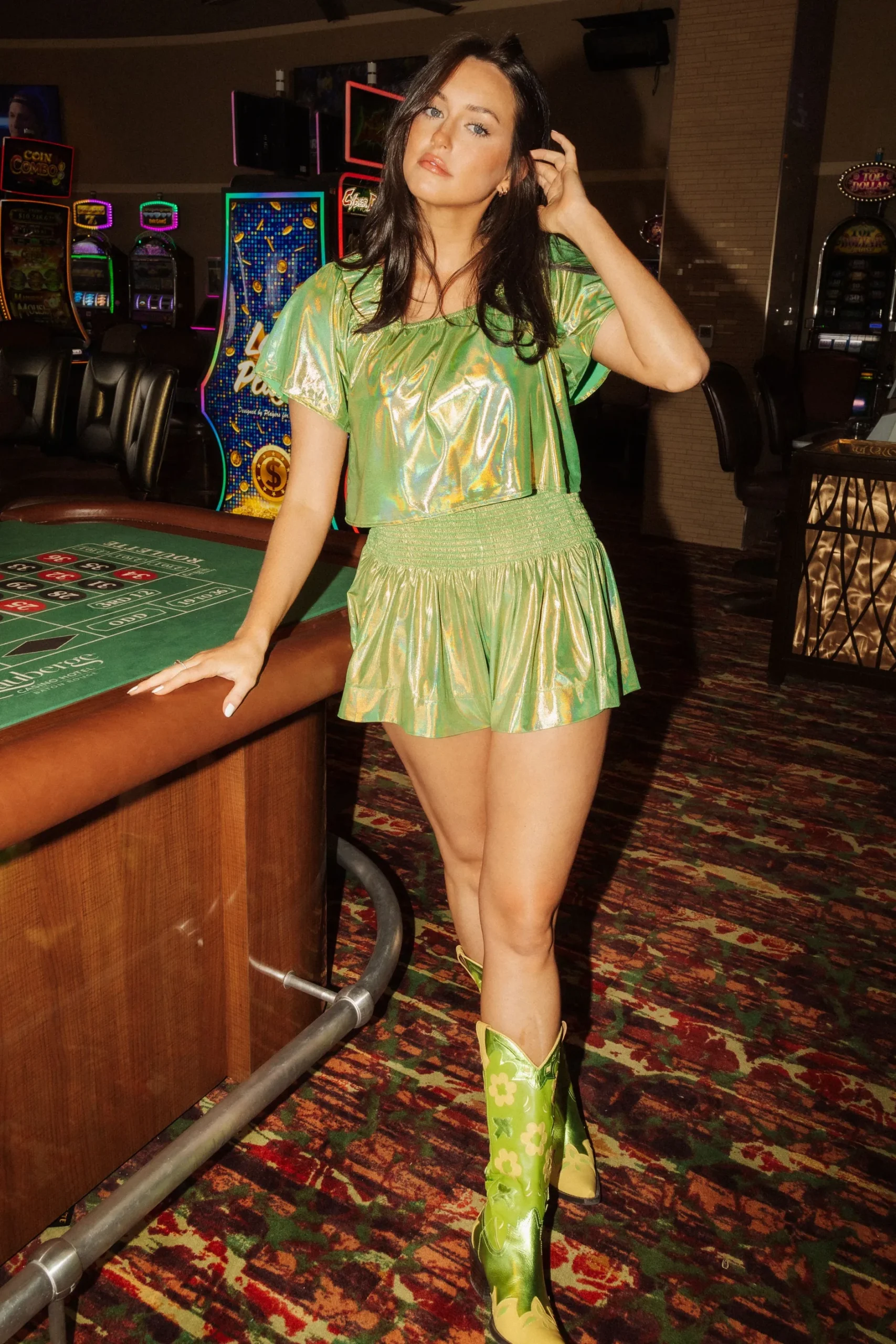Clearance Queen Of Sparkles Graphic Swing Short Lime Holo