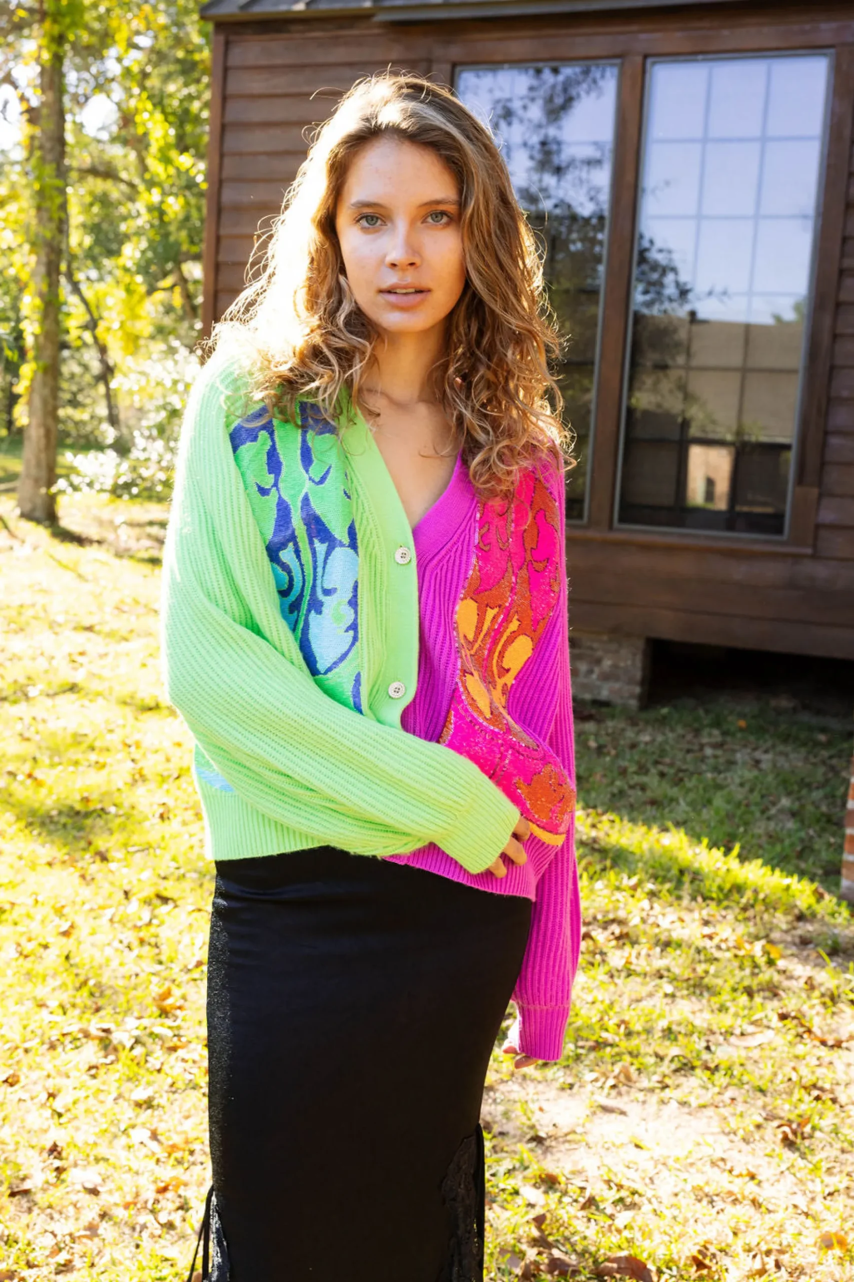 Store Queen Of Sparkles Green & Purple Colorblock Boot Cardigan Green/Purple