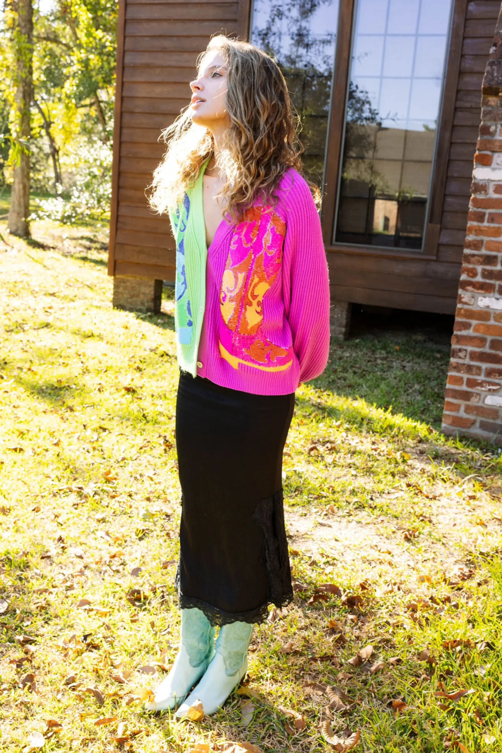 Store Queen Of Sparkles Green & Purple Colorblock Boot Cardigan Green/Purple