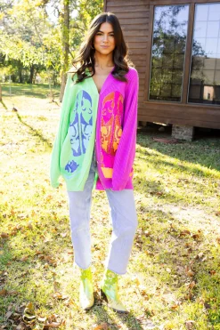 Hot Queen Of Sparkles Green & Purple Colorblock Boot Full Length Cardigan Green/Purple