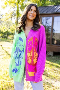New Queen Of Sparkles Green & Purple Colorblock Boot Full Length Cardigan Green/Purple