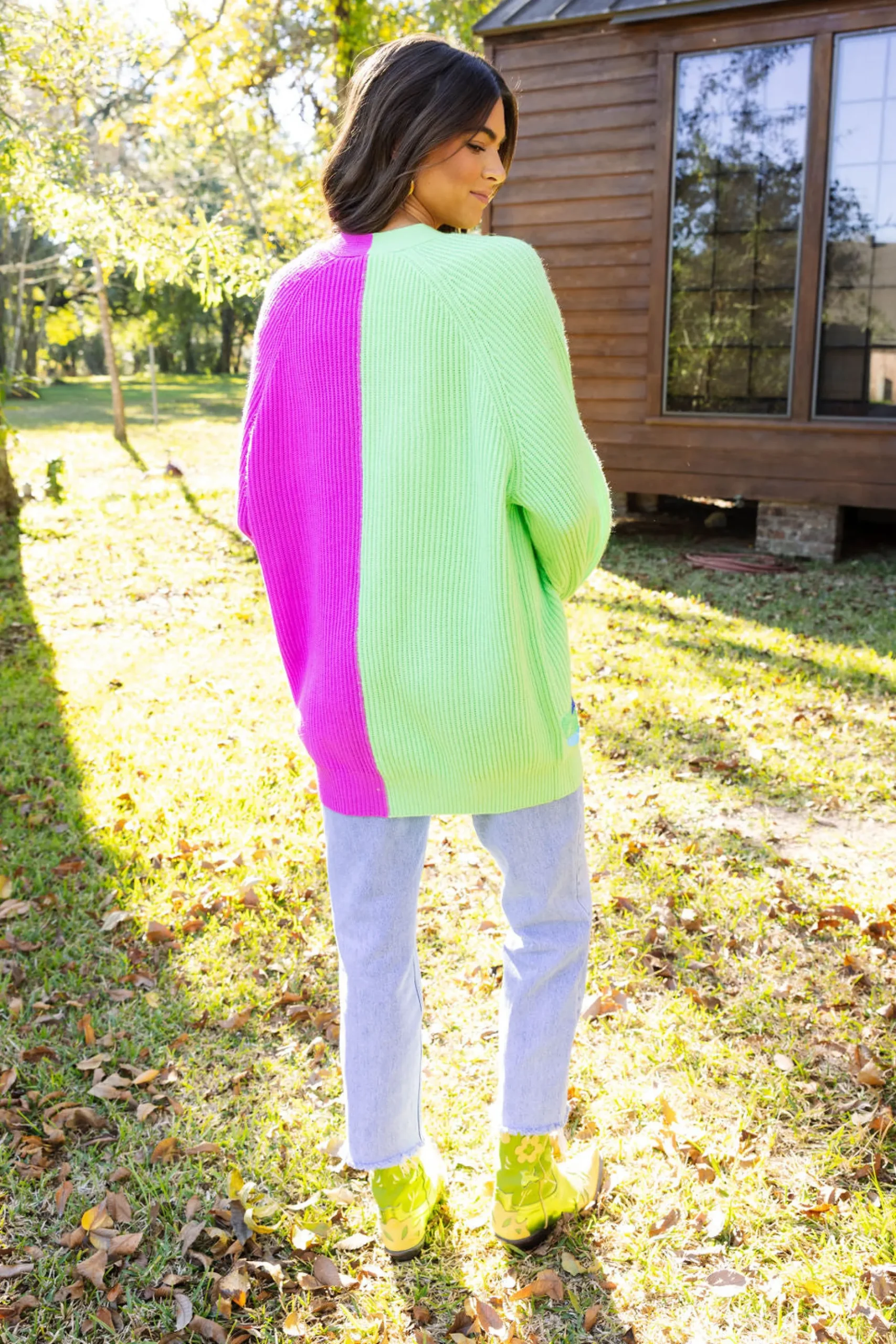 New Queen Of Sparkles Green & Purple Colorblock Boot Full Length Cardigan Green/Purple