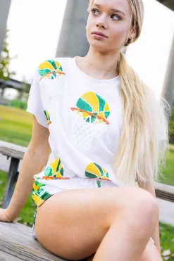 Shop Queen Of Sparkles Green & Yellow Basketball Hoop Tee White