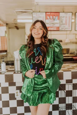 Shop Queen Of Sparkles Green Poof Sleeve Sequin Blazer