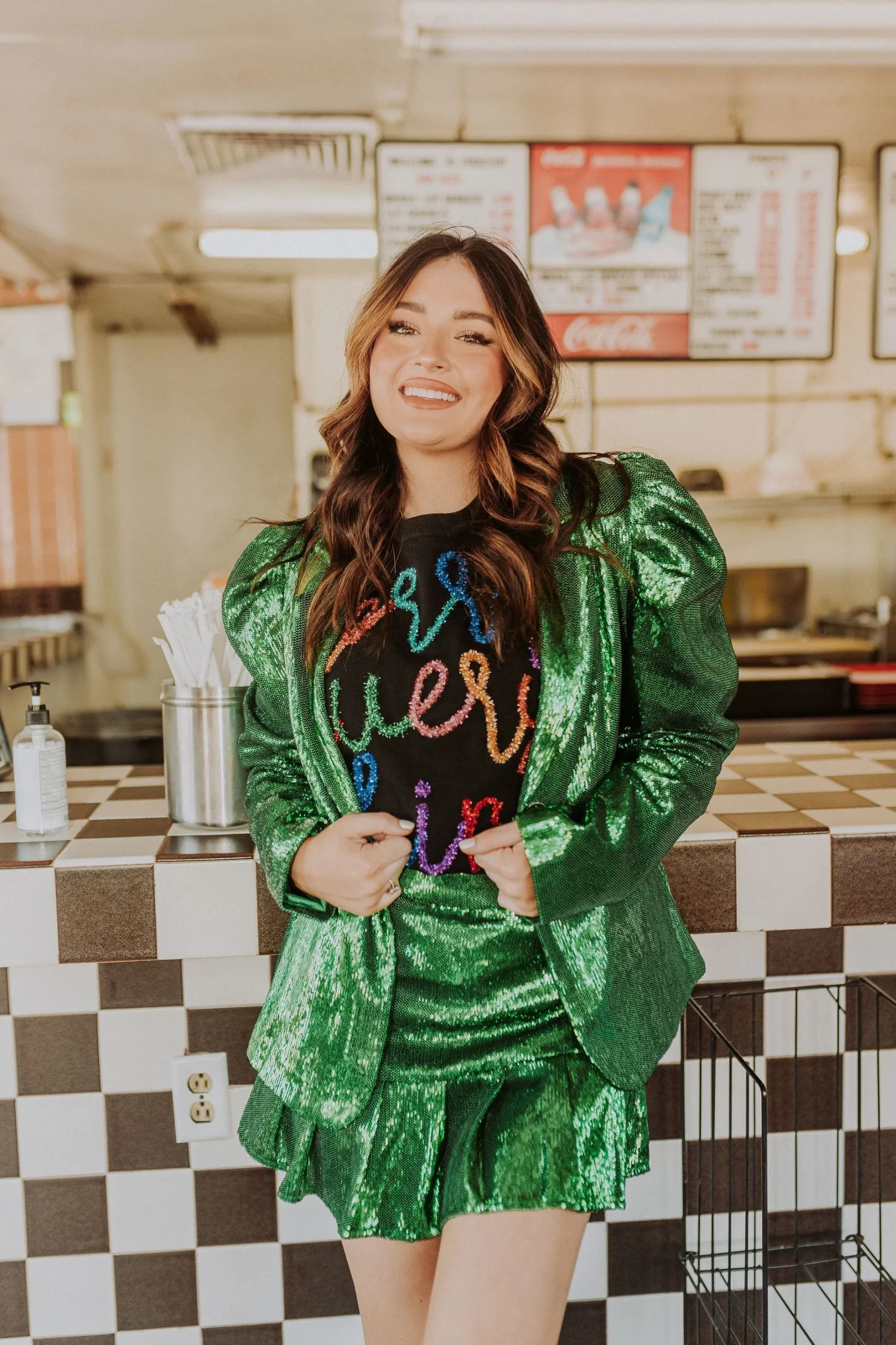 Shop Queen Of Sparkles Green Poof Sleeve Sequin Blazer