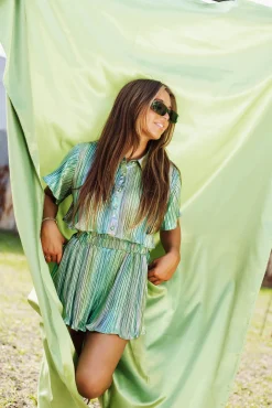Shop Queen Of Sparkles Green Rainbow Ribbed Button Down Short