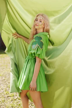 Fashion Queen Of Sparkles Green Shamrock Poof Sleeve Dress