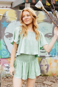 Clearance Queen Of Sparkles Green/Silver Ribbed Flutter Top