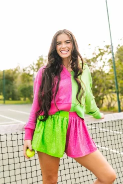 New Queen Of Sparkles Hot Pink & Apple Green Rhinestone Polo Sweatshirt
