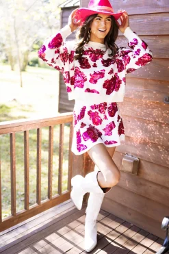 Outlet Queen Of Sparkles Hot Pink Cow Print Sequin Skirt White