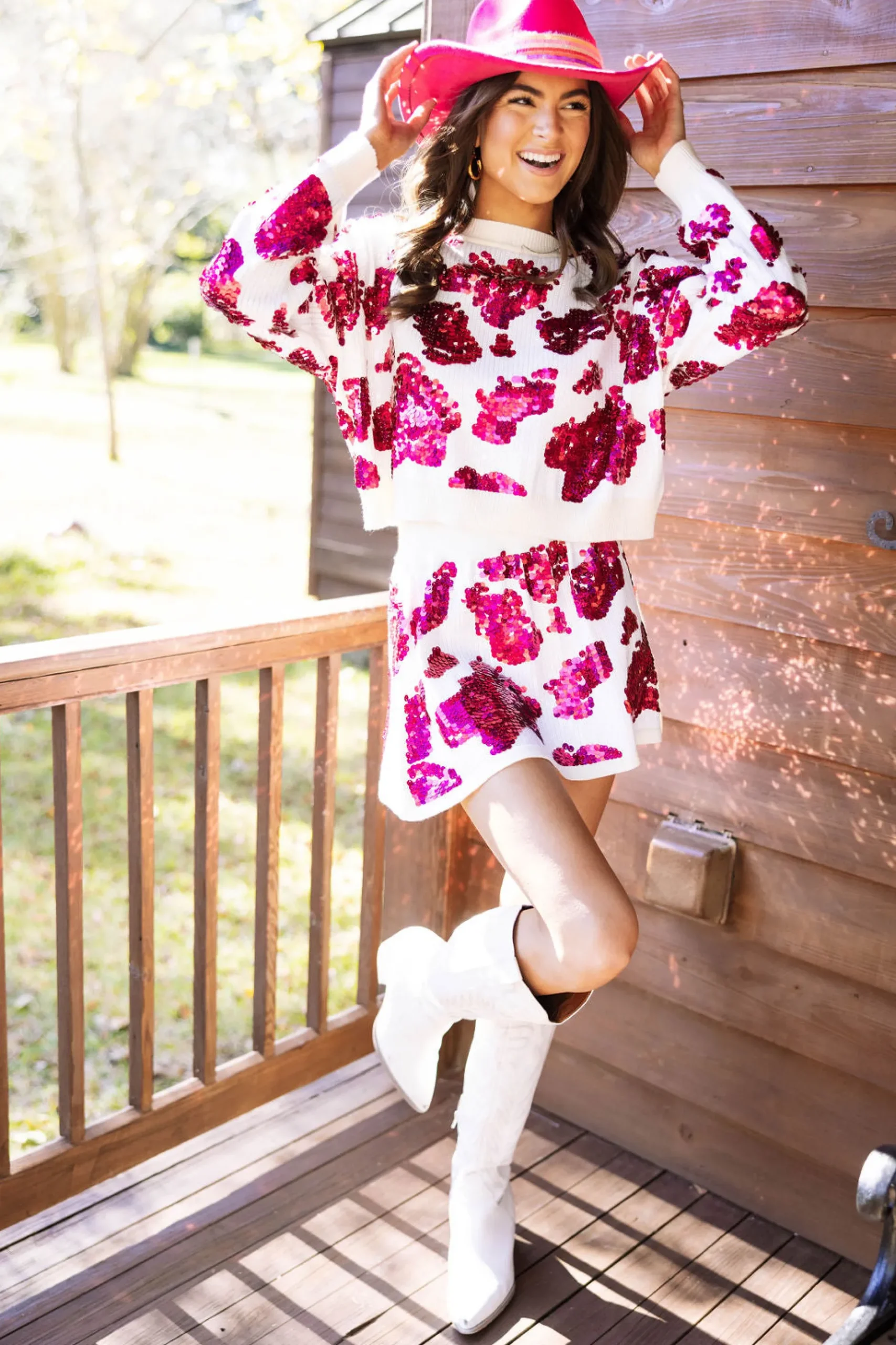 Outlet Queen Of Sparkles Hot Pink Cow Print Sequin Skirt White