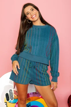 Shop Queen Of Sparkles Indigo & Rainbow Pearl Stripe Sweatshirt