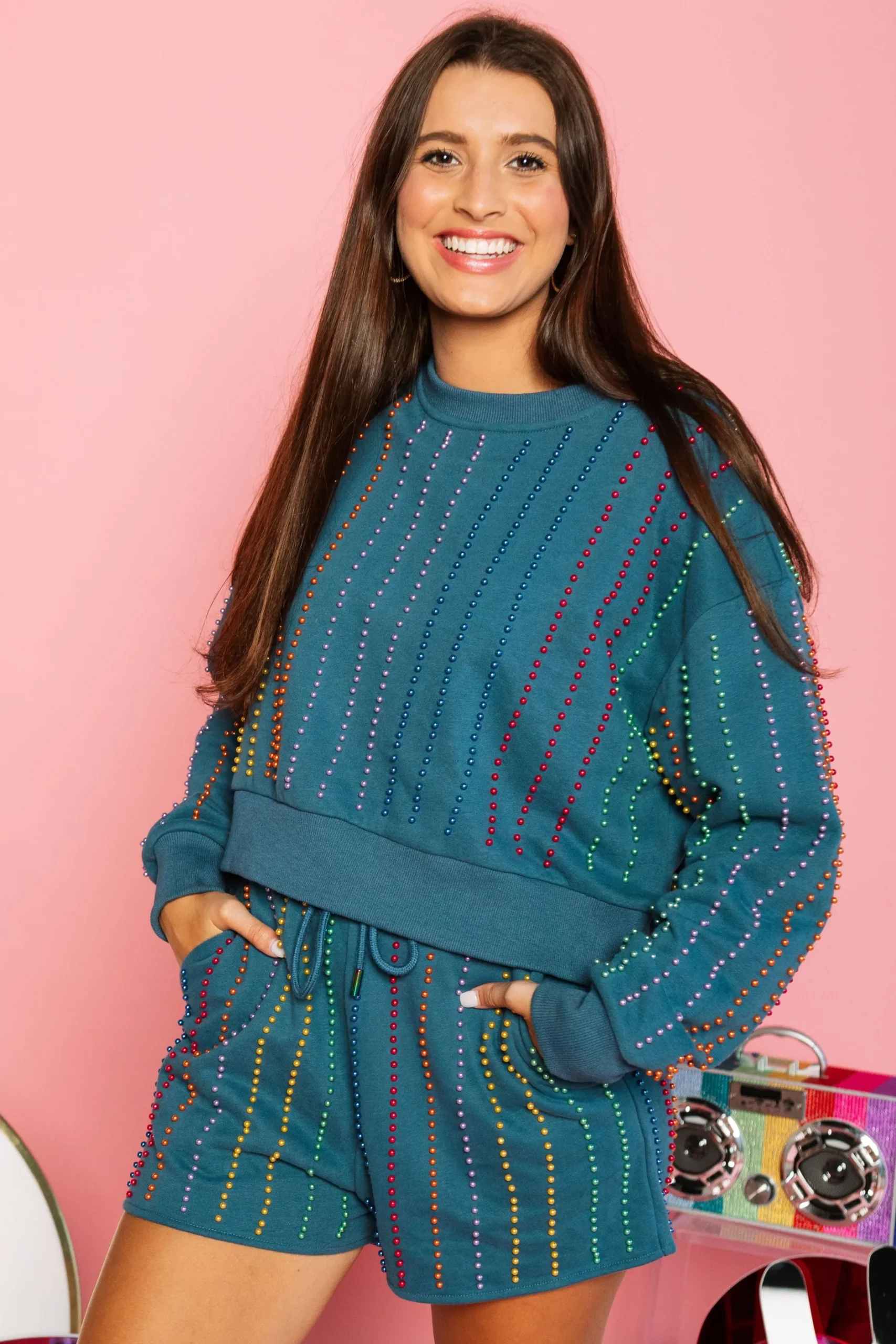 Shop Queen Of Sparkles Indigo & Rainbow Pearl Stripe Sweatshirt