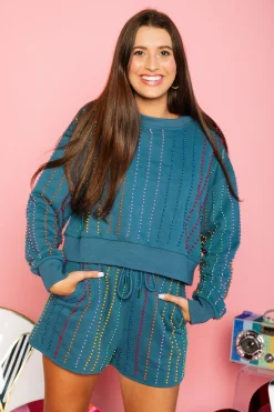 Shop Queen Of Sparkles Indigo & Rainbow Pearl Stripe Sweatshirt