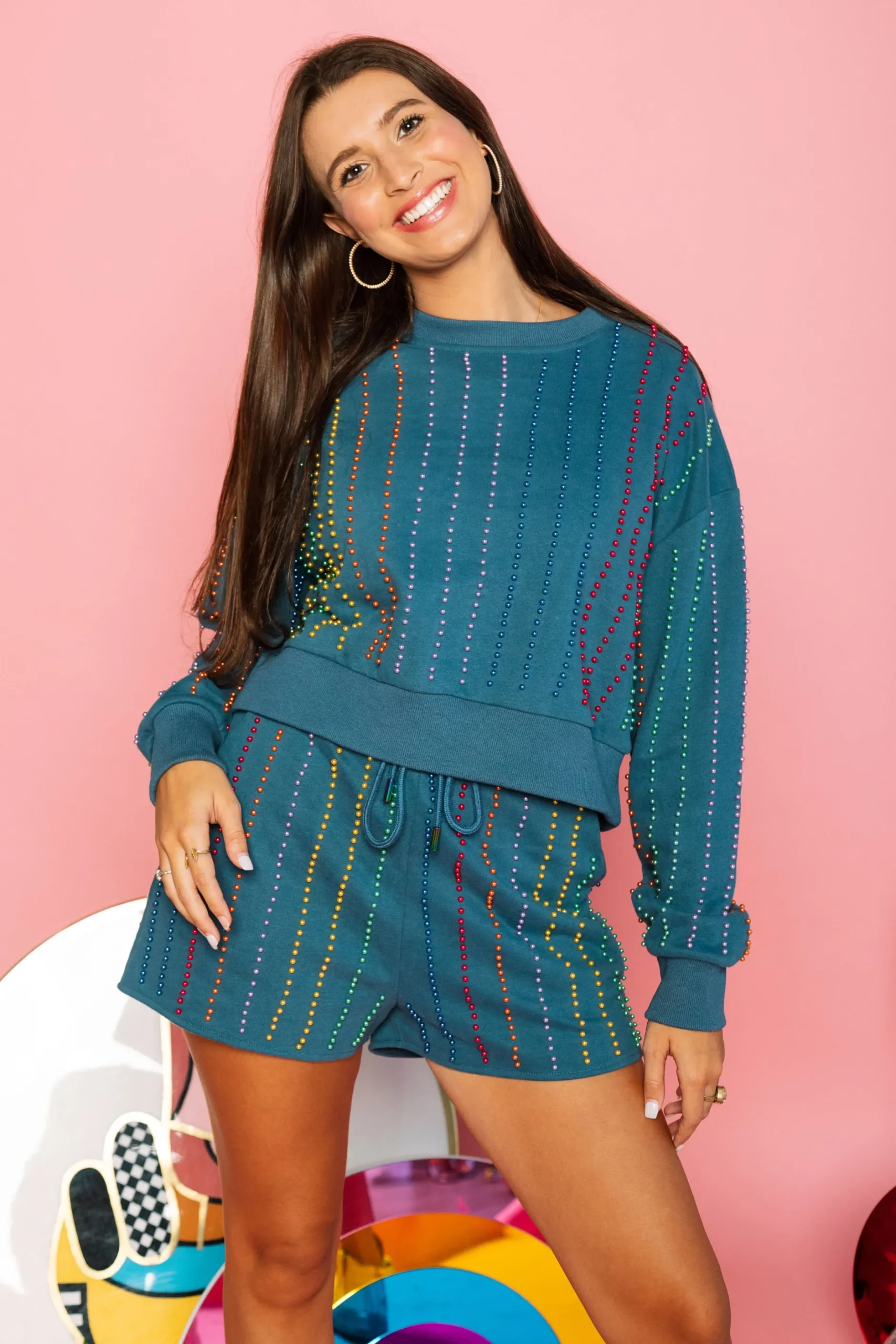 Outlet Queen Of Sparkles Indigo & Rainbow Pearl Stripe Short