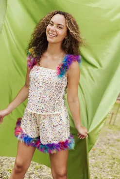 Cheap Queen Of Sparkles Ivory Rhinestone Rainbow Feather Tank