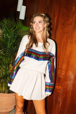 Flash Sale Queen Of Sparkles Ivory Sweater With Rainbow Sequin Stripe