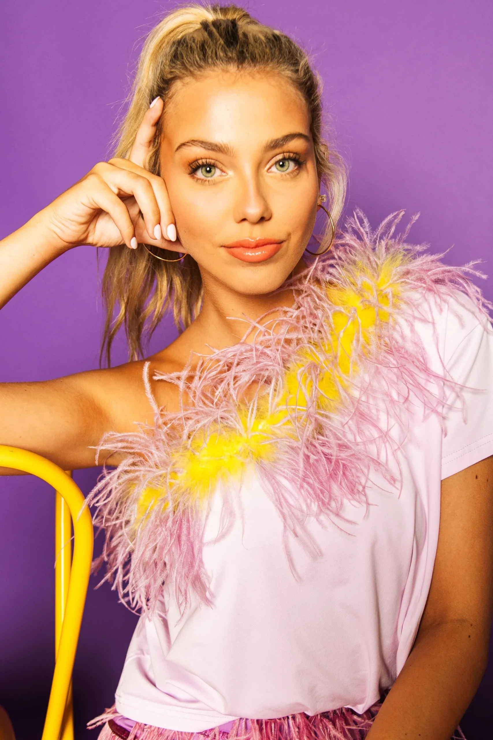 New Queen Of Sparkles Lavender & Yellow One Shoulder Feather Tee White