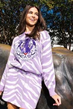 Store Queen Of Sparkles Lavender Tiger Print Tiger Head Sweater