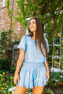 Sale Queen Of Sparkles Light Blue & Silver Ribbed Flutter Top