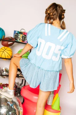Flash Sale Queen Of Sparkles Light Blue & White Qos Jersey Peplum Top