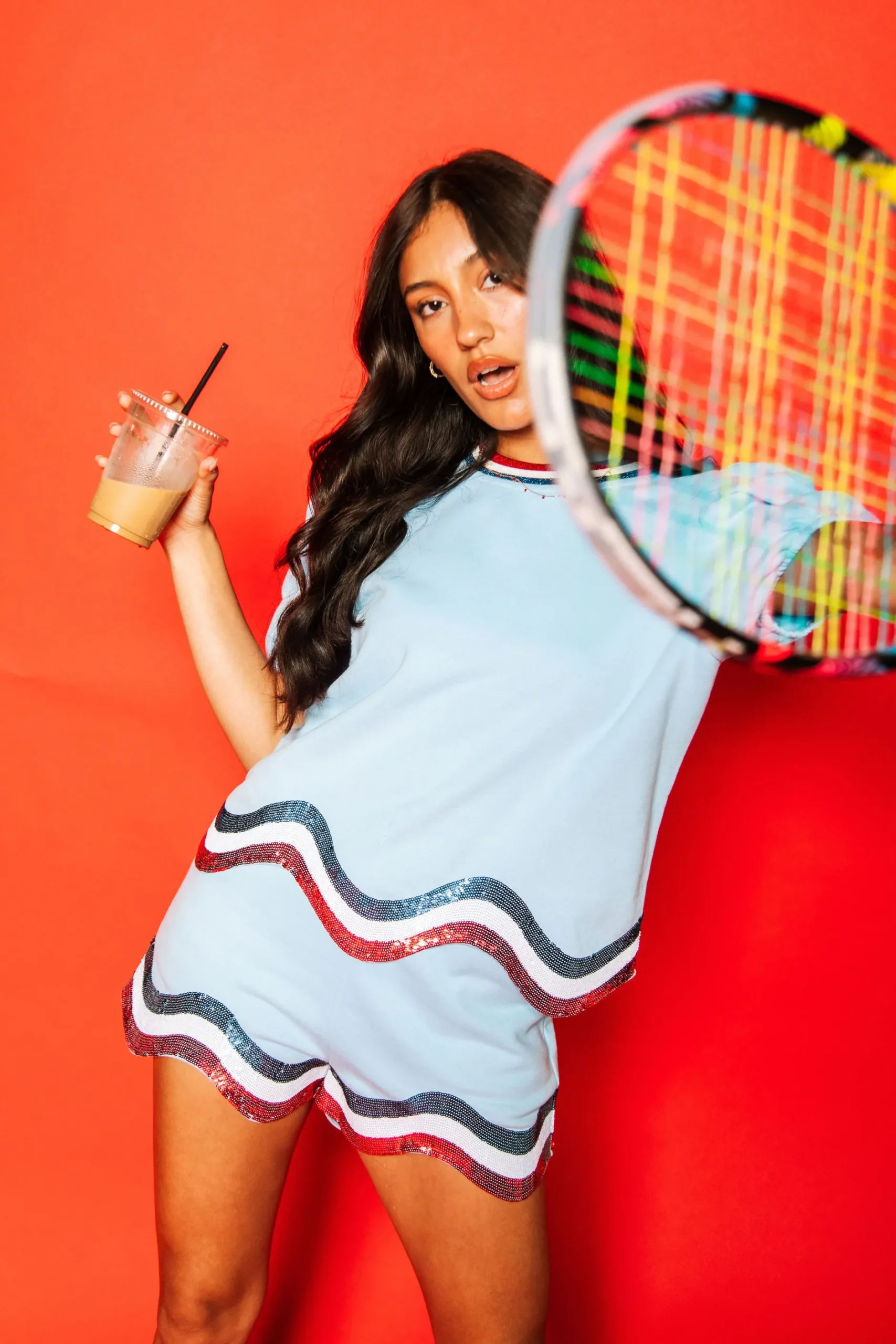 Online Queen Of Sparkles Light Blue, White/Red Wavy Shorts Light Blue/Red/White