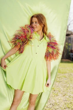 Best Sale Queen Of Sparkles Lime & Rainbow Feather Sleeve Dress