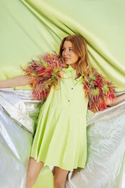 Best Sale Queen Of Sparkles Lime & Rainbow Feather Sleeve Dress