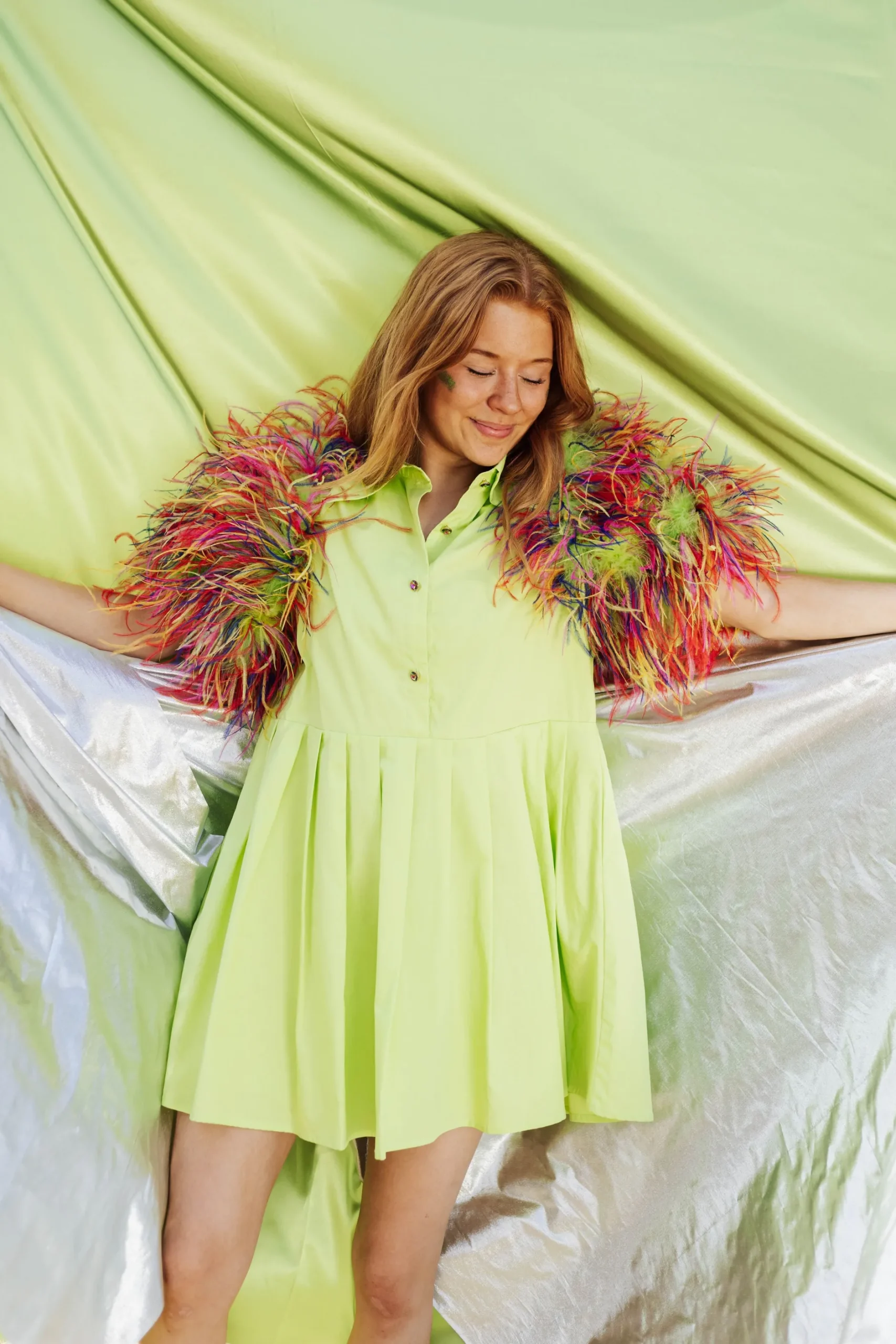 Best Sale Queen Of Sparkles Lime & Rainbow Feather Sleeve Dress