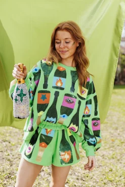 Sale Queen Of Sparkles Lime Green Icon Champagne Sweatshirt