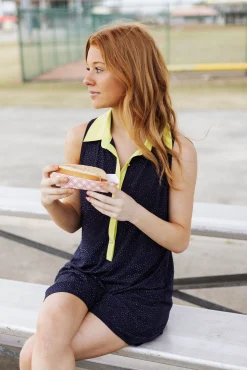 Sale Queen Of Sparkles Lime Sleeveless Polo Rhinestone Active Dress Navy