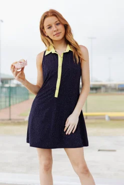 Sale Queen Of Sparkles Lime Sleeveless Polo Rhinestone Active Dress Navy