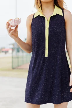 Sale Queen Of Sparkles Lime Sleeveless Polo Rhinestone Active Dress Navy