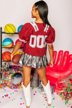 Online Queen Of Sparkles Maroon & Silver Qos Jersey Peplum Top