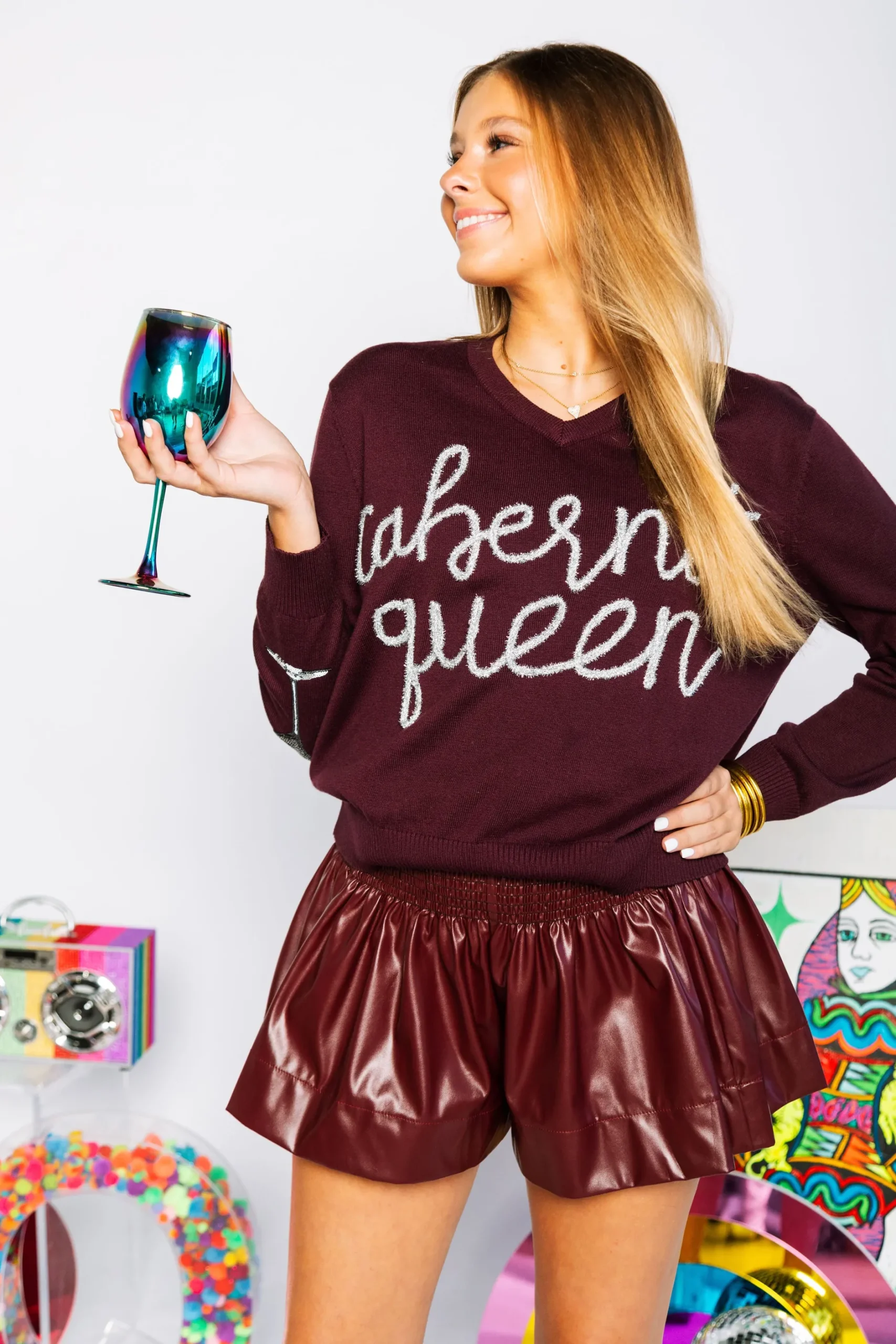 Store Queen Of Sparkles Maroon Leather Swing Shorts