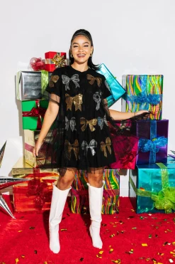 Best Sale Queen Of Sparkles Mesh Overlay Metallic Bow Dress Black