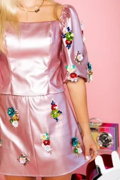 Hot Queen Of Sparkles Metallic Rose Leather Flower Skirt