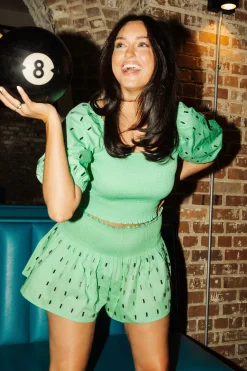 Discount Queen Of Sparkles Mint Cotton Rhinestone Smocked Top