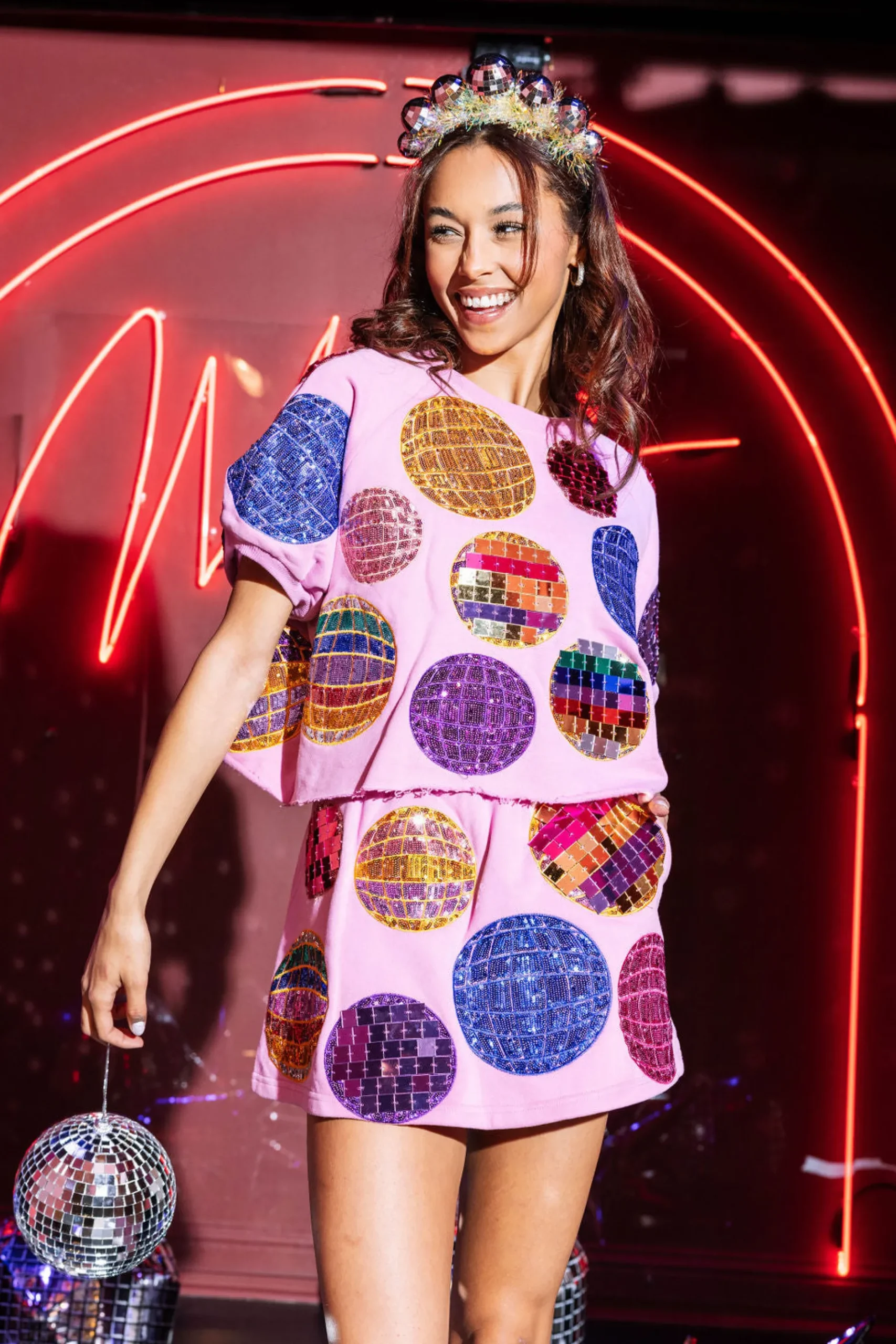 Clearance Queen Of Sparkles Multi Disco Ball Top Pink