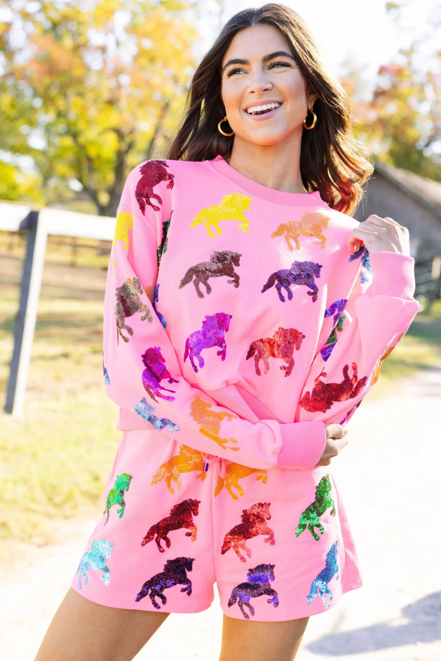 Sale Queen Of Sparkles Multi Horse All Over Short Neon Pink
