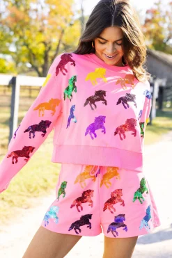 Store Queen Of Sparkles Multi Horse All Over Short Neon Pink