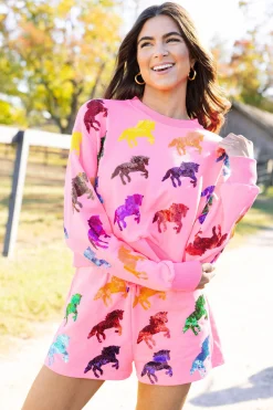 Store Queen Of Sparkles Multi Horse All Over Short Neon Pink
