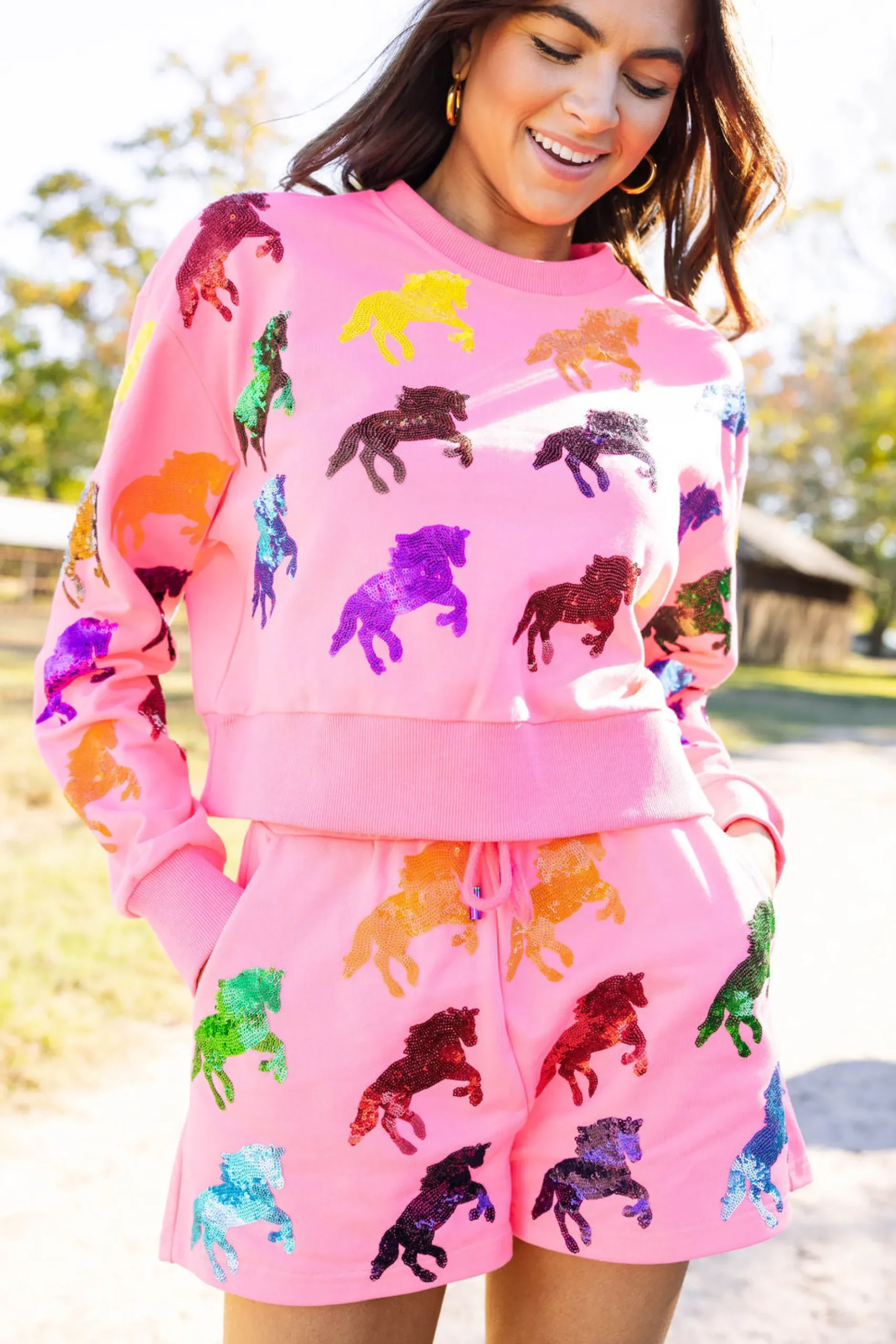Online Queen Of Sparkles Multi Horse All Over Sweatshirt Neon Pink