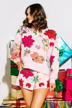 Best Sale Queen Of Sparkles Multi Poinsettia Sweatshirt Light Pink